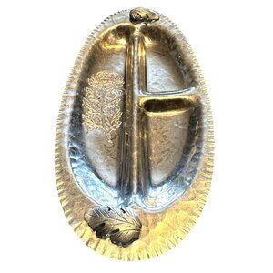 Vintage Hand Wrought Silverlook Divided Serving Tray With Floral Engraving Leaf
